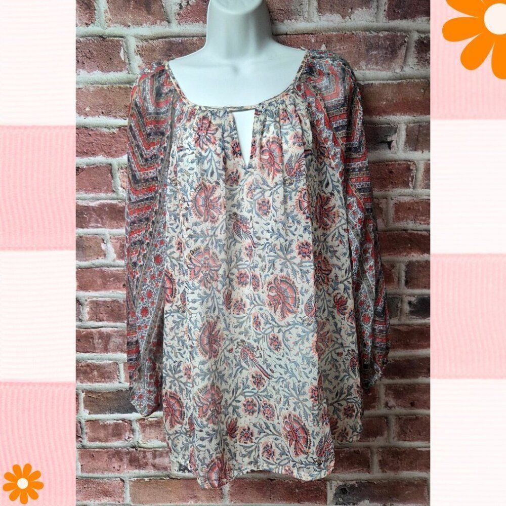 Lucky Brand Cream Floral Peasant Blouse with Rust and Blue Print